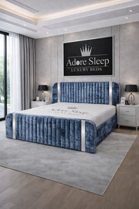Crushed Velvet Denim Blue - Spencer Luxury Curved Fluted Bed Frame with Gold Strip – Upholstered