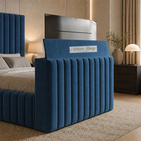 Naples Blue - Mayfair Luxury Channelled TV Bed – Premium Upholstered Bed Frame with Integrated TV Footboard
