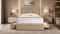 Plush Velvet Beige - Monaco Luxe Luxury Divan Bed – Premium Upholstered Panelled Headboard with Storage
