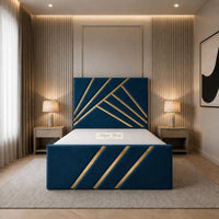 Naples Blue - Monaco Luxury Geometric Bed – Designer Upholstered Bed Frame with Metallic Inlay Detailing