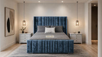 Crushed Velvet Denim Blue - Mayfair Luxury Panelled Bed – Premium Upholstered Bed Frame with Statement Headboard & Footboard