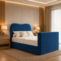 Plush Velvet Sapphire - Serene Luxury Curved TV Bed – Designer Upholstered Bed Frame with Integrated TV Footboard