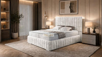 Crushed Velvet Cream - Dorchester Luxury Scalloped Panel Bed – Premium Upholstered Bed Frame with Statement Headboard