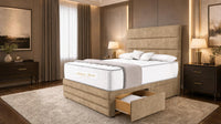 Plush Velvet Beige - Monaco Luxe Luxury Divan Bed – Premium Upholstered Panelled Headboard with Storage