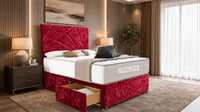 Crushed Velvet Red - Aurelia Geometric Luxe Divan Bed with Statement Panelled Headboard & Storage