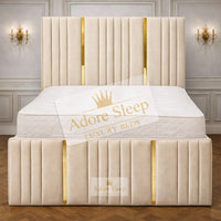 Naples Sand - Celestine Luxe Vertical Panelled Gold Strip Upholstered Bed Frame | Luxury Statement Bed