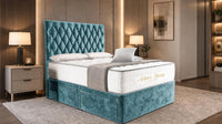 Crushed Velvet Teal - Regency Diamond Luxury Divan Bed – Deep Button-Tufted Headboard with Premium Upholstered Frame & Storage