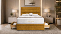 Plush Velvet Mustard Gold - Monaco Luxe Luxury Divan Bed – Premium Upholstered Panelled Headboard with Storage