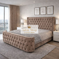 Naples Mink - Celestine Grandeur Luxury Upholstered Bed – Deep Button Tufted Headboard & Curved Statement Footboard