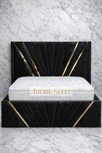 Plush Velvet Black - Bat Luxury Panel Bed Frame with Gold Strip – Upholstered