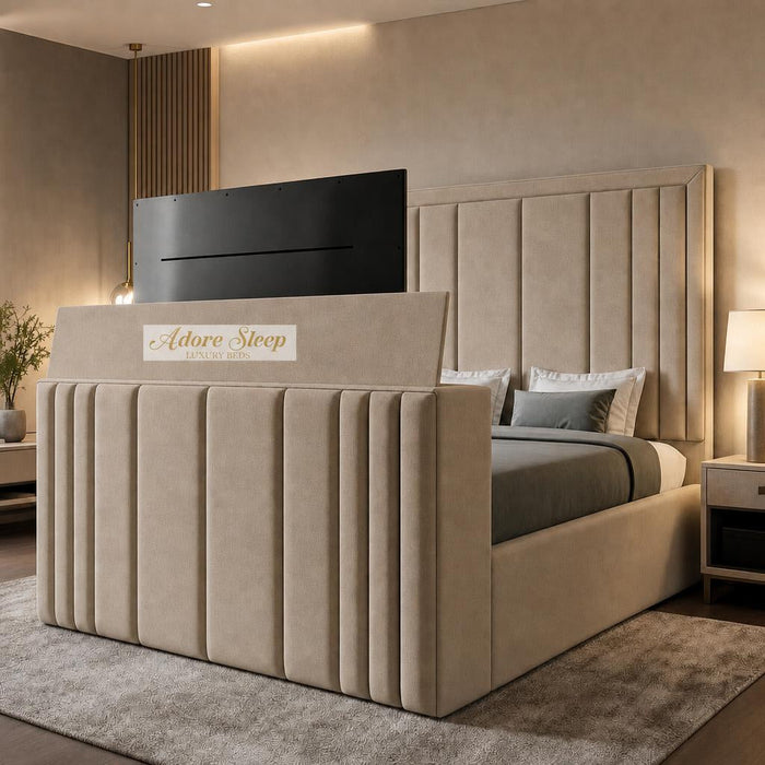 Naples Sand - Belgravia Luxury TV Bed – Statement Panel Upholstered Bed Frame with TV Footboard