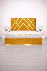 Plush Velvet Mustard Gold - Regalia Noir Luxury Upholstered Bed – Geometric Designer Headboard with Metallic Accent Detailing
