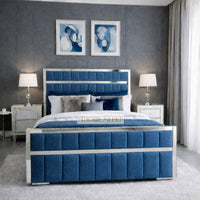 Naples Blue - Aurelius Linear Upholstered Designer Bed | Luxury Gold Frame Statement Bed