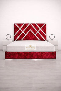 Crushed Velvet Red - Regal Diamond Luxury Panel Bed Frame with Silver Strip – Upholstered