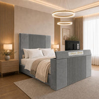 Plush Velvet Grey - Knightsbridge Luxury Fluted TV Bed – Designer Upholstered Bed Frame with Integrated TV Footboard