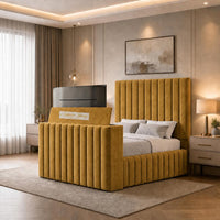 Plush Velvet Mustard Gold - Mayfair Luxury Channelled TV Bed – Premium Upholstered Bed Frame with Integrated TV Footboard