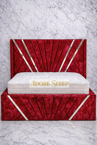 Crushed Velvet Red - Bat Radiance Luxury Panel Bed Frame with Silver Strip – Upholstered