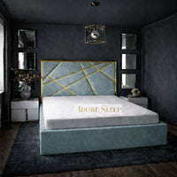 Plush Velvet Duck Egg - Knightsbridge Regal Mosaic Luxury Panel Bed Frame with Gold Strip – Upholstered