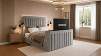 Plush Velvet Grey - Carlton Luxury Panelled TV Bed – Premium Upholstered Bed Frame with Integrated TV Footboard
