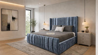 Crushed Velvet Denim Blue - Mayfair Luxury Panelled Bed – Premium Upholstered Bed Frame with Statement Headboard & Footboard