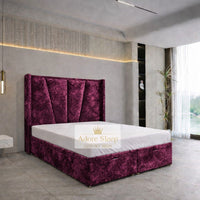 Crushed Velvet Aubergine - Valençay Flared Sunburst Wingback Bed | Luxury Divan Ottoman Upholstered Bed Frame