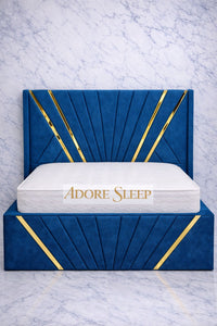 Naples Blue - Bat Luxury Panel Bed Frame with Gold Strip – Upholstered