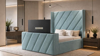 Plush Velvet Duck Egg - Ascot Luxury Diagonal Panel TV Bed – Designer Upholstered Bed Frame with Integrated TV Footboard