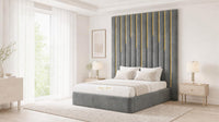 Plush Velvet Steel - Alisha Gold Strip Grandline Luxury Floor-Standing Ottoman Storage Bed