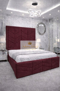 Plush Velvet Maroon - Valencia Royale Luxury Upholstered Bed – Geometric Chevron Panel Headboard & Statement Footboard