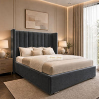 Naples Charcoal - Harrington Luxury Wingback Bed – Premium Upholstered Bed Frame with Tall Panel Headboard