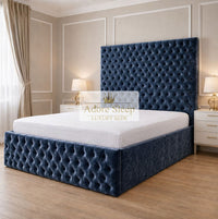 Crushed Velvet Denim Blue - Sovereign Élan Luxury Upholstered Bed – Deep Button-Tufted Headboard & Padded Statement Frame