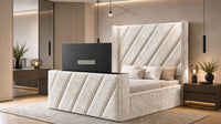 Crushed Velvet Cream - Ascot Luxury Diagonal Panel TV Bed – Designer Upholstered Bed Frame with Integrated TV Footboard