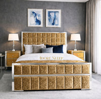 Crushed Velvet Gold - Aurelius Linear Upholstered Designer Bed | Luxury Gold Frame Statement Bed