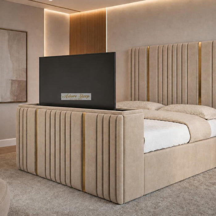 Naples Sand - Kensington Luxury Fluted TV Bed with Metallic Accents – Premium Upholstered TV Bed Frame