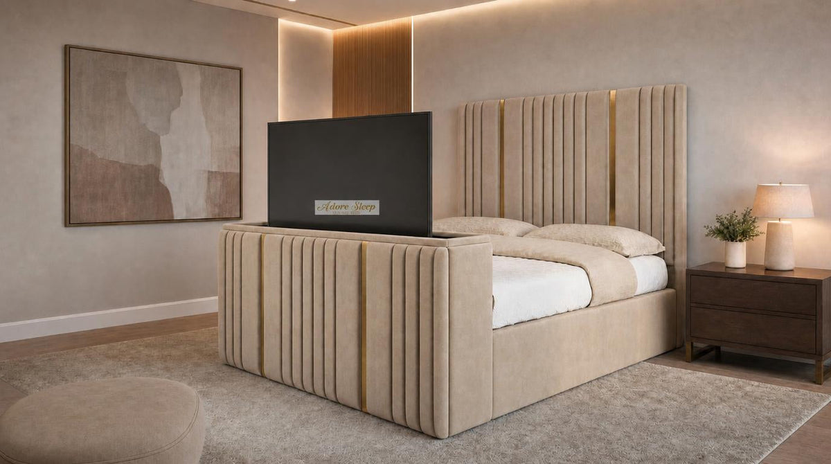 Naples Sand - Kensington Luxury Fluted TV Bed with Metallic Accents – Premium Upholstered TV Bed Frame