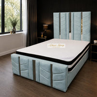 Plush Velvet Duck Egg - Chevronne Luxury Chevron Panel Bed – Designer Upholstered Bed Frame with Metallic Inlay Detailing