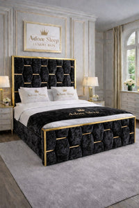 Crushed Velvet Black - Sovereign Geometric Upholstered Designer Bed | Luxury Gold Trim Bed Frame
