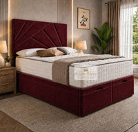 Plush Velvet Maroon - Meridian Abstract Geometry Ottoman Divan Bed | Luxury Hydraulic Storage Bed Frame