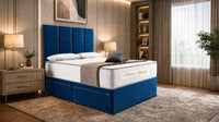 Naples Blue - Kensington Grande Luxury Divan Bed – Premium Upholstered Bed Frame with Tall Vertical Panel Headboard