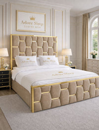 Plush Velvet Beige - Sovereign Geometric Upholstered Designer Bed | Luxury Gold Trim Bed Frame