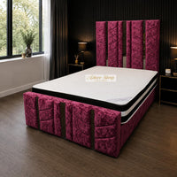 Crushed Velvet Aubergine - Chevronne Luxury Chevron Panel Bed – Designer Upholstered Bed Frame with Metallic Inlay Detailing