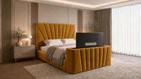 Plush Velvet Mustard Gold - Solaris Luxury Sunburst TV Bed – Designer Upholstered Bed Frame with Integrated TV Footboard