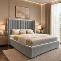 Plush Velvet Grey - Harrington Luxury Wingback Bed – Premium Upholstered Bed Frame with Tall Panel Headboard
