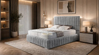 Plush Velvet Steel - Dorchester Luxury Scalloped Panel Bed – Premium Upholstered Bed Frame with Statement Headboard