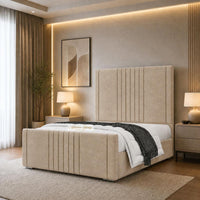 Naples Sand - Langham Luxury Centre Channel Bed – Premium Upholstered Bed Frame with Statement Headboard & Footboard