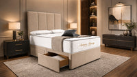 Naples Beige - Kensington Grande Luxury Divan Bed – Premium Upholstered Bed Frame with Tall Vertical Panel Headboard
