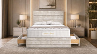 Crushed Velvet Cream - Monaco Luxe Luxury Divan Bed – Premium Upholstered Panelled Headboard with Storage