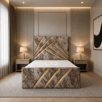 Crushed Velvet Mink - Monaco Luxury Geometric Bed – Designer Upholstered Bed Frame with Metallic Inlay Detailing