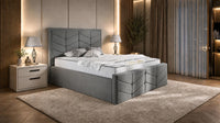 Plush Velvet Steel - Valentina Luxury Chevron Panel Bed – Designer Upholstered Bed Frame with Statement Headboard & Footboard