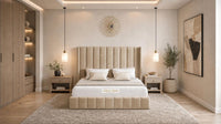 Plush Velvet Beige - Chelsea Luxury Channel Panel Bed – Premium Upholstered Bed Frame with Statement Headboard